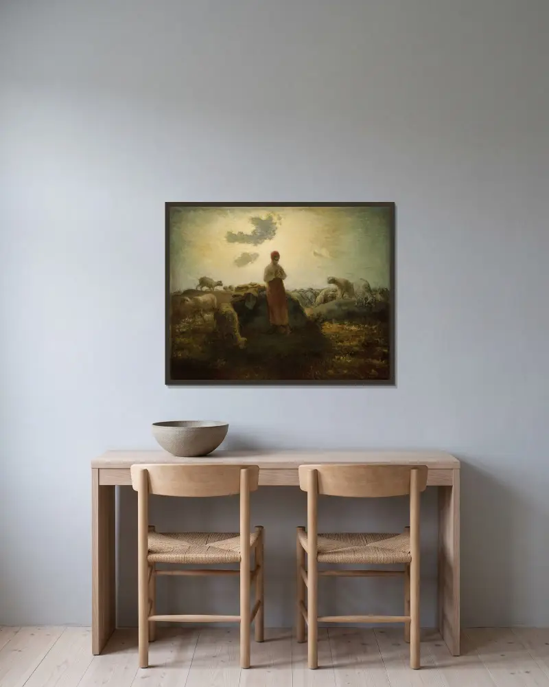 The Keeper of the Herd av Jean-François Millet inramad på en vägg