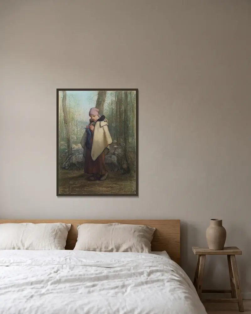 Stickande herdinnan, Jean-François Millet v rámu na stěně