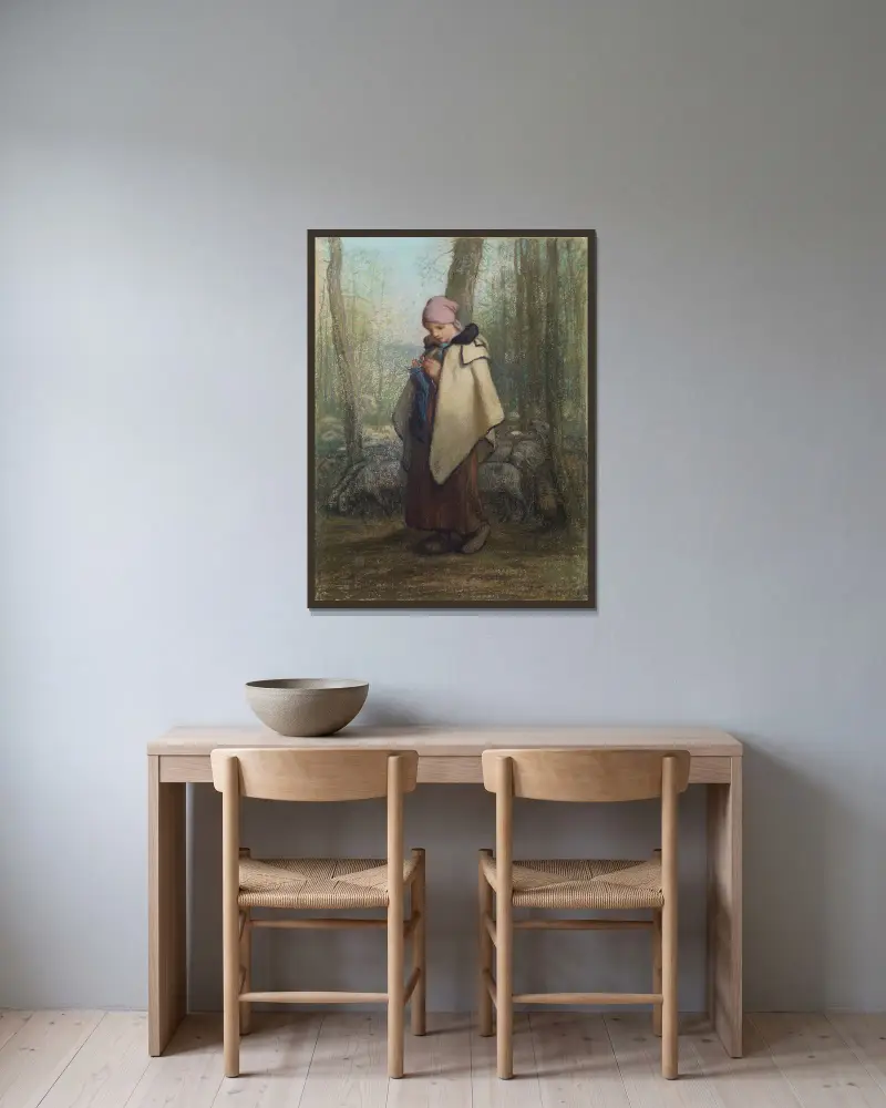 Stickande herdinnan, Jean-François Millet v rámu na stěně
