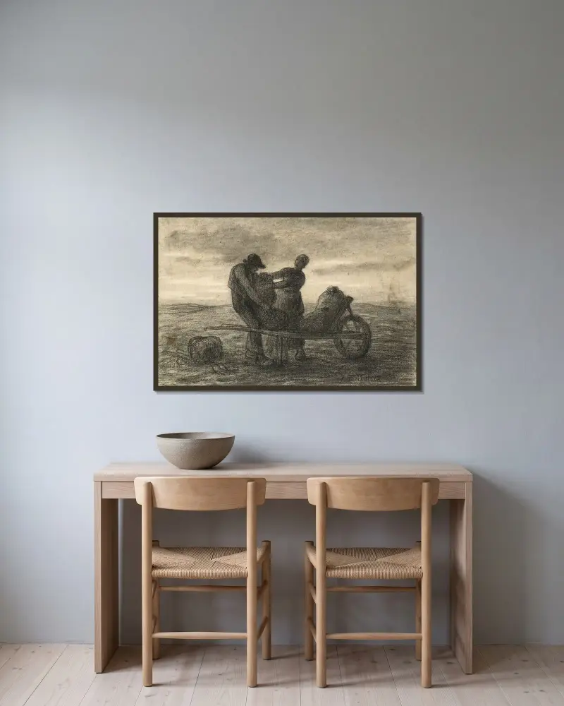 The Potato Harvest (La Récolte des Pommes de Terre) av Jean-François Millet inramad på en vägg