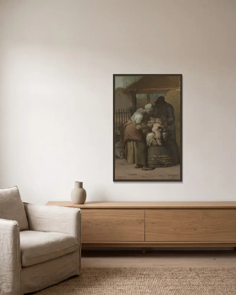 Die Schafscherer von Jean-François Millet gerahmt an einer Wand