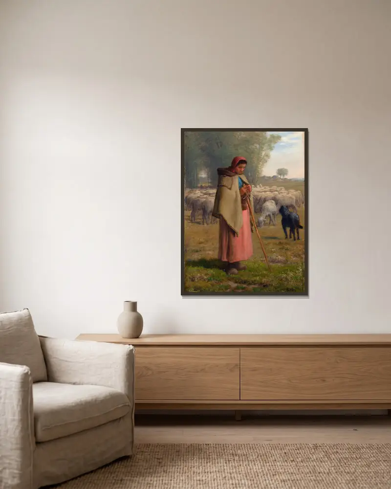 Ung flicka som vaktar sina får av Jean-François Millet inramad på en vägg