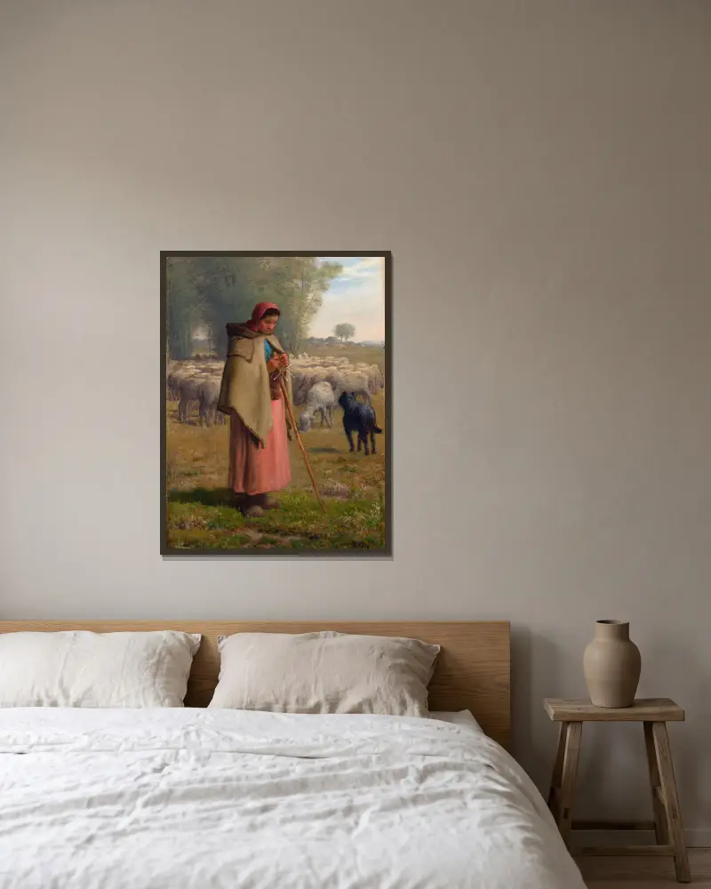 Ung flicka som vaktar sina får av Jean-François Millet inramad på en vägg