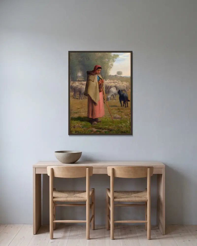 Ung flicka som vaktar sina får av Jean-François Millet inramad på en vägg
