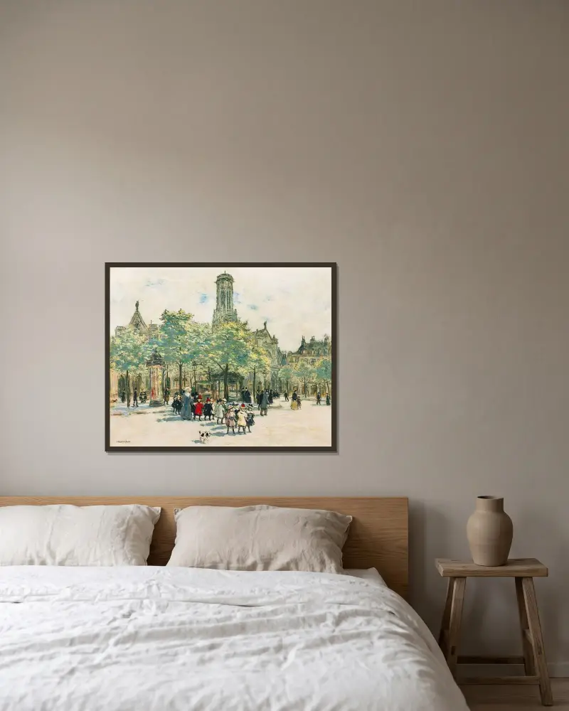 Flickor framför Saint-Germain-l'Auxerrois av Jean François Raffaëlli inramad på en vägg