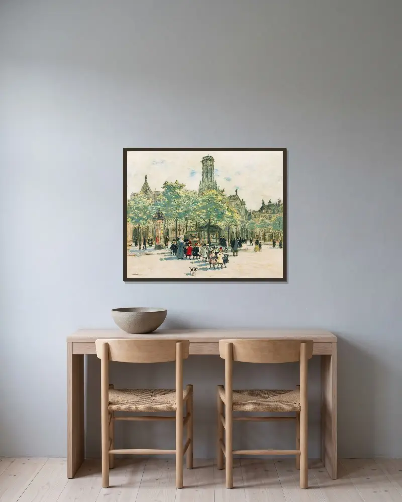 Flickor framför Saint-Germain-l'Auxerrois av Jean François Raffaëlli inramad på en vägg