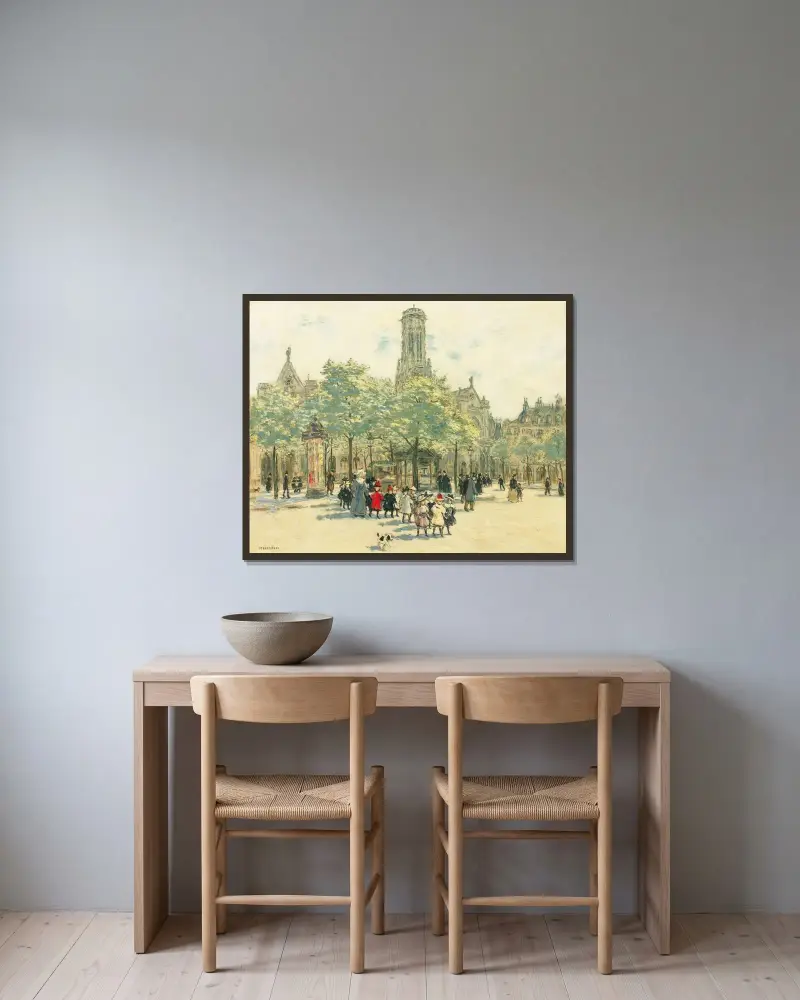 Små flickor promenerar på Louvrens torg av Jean François Raffaëlli inramad på en vägg