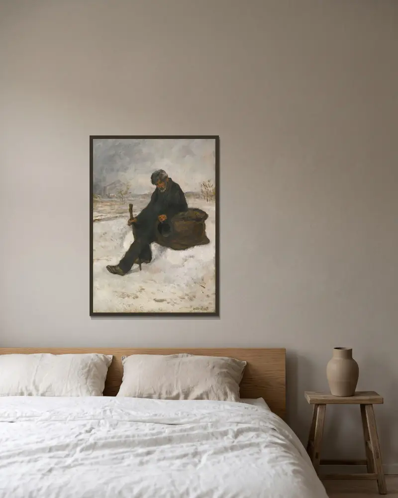 Järnvägsarbetaren i snön av Jean François Raffaëlli inramad på en vägg