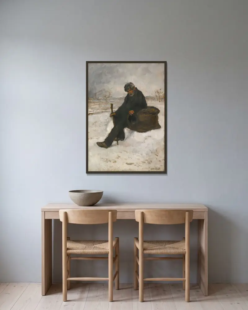 Järnvägsarbetaren i snön av Jean François Raffaëlli inramad på en vägg