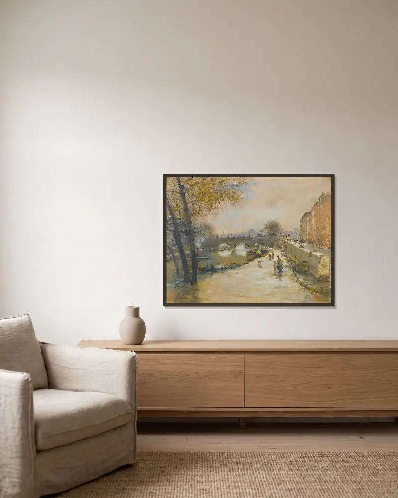 Kajen framför Pont Neuf av Jean François Raffaëlli inramad på en vägg