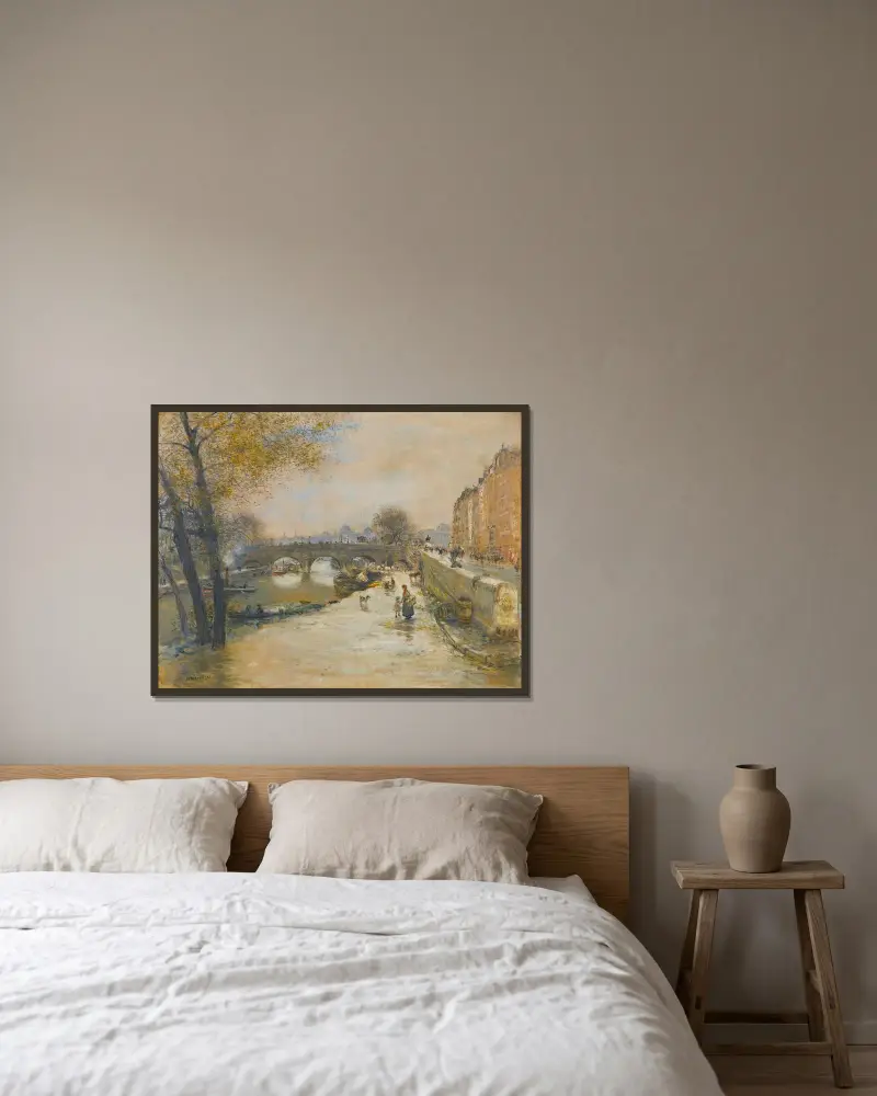 Kajen framför Pont Neuf av Jean François Raffaëlli inramad på en vägg