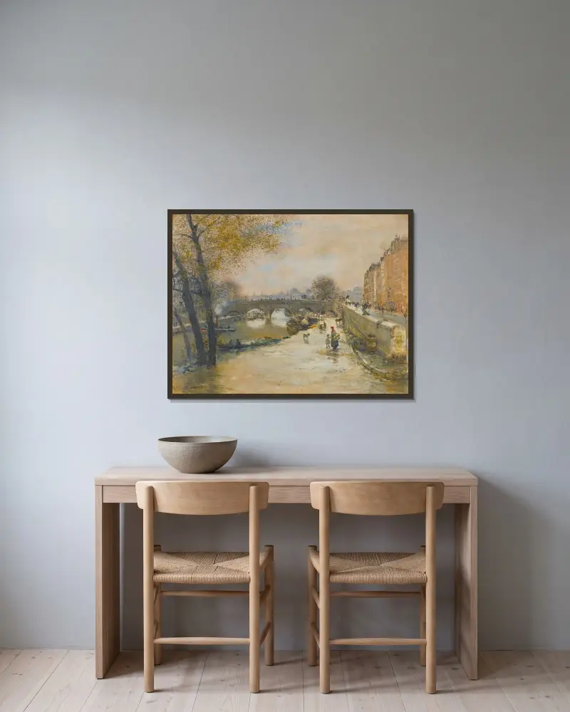 Kajen framför Pont Neuf av Jean François Raffaëlli inramad på en vägg