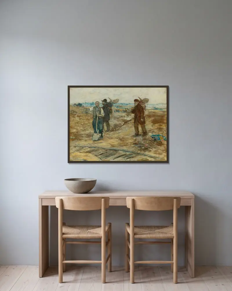 De tre tågarbetarna av Jean François Raffaëlli inramad på en vägg