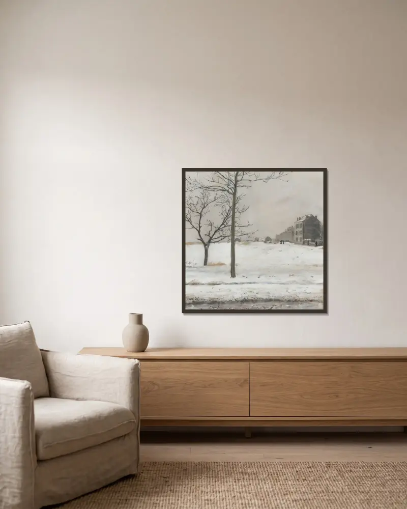 Montmartre im Schnee von Jean François Raffaëlli gerahmt an einer Wand