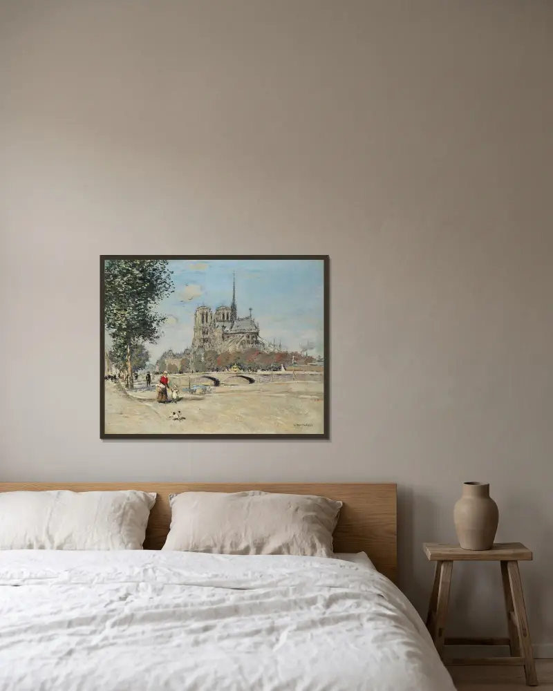 Notre-Dame de Paris et le pont de l’Archevêché av Jean François Raffaëlli inramad på en vägg