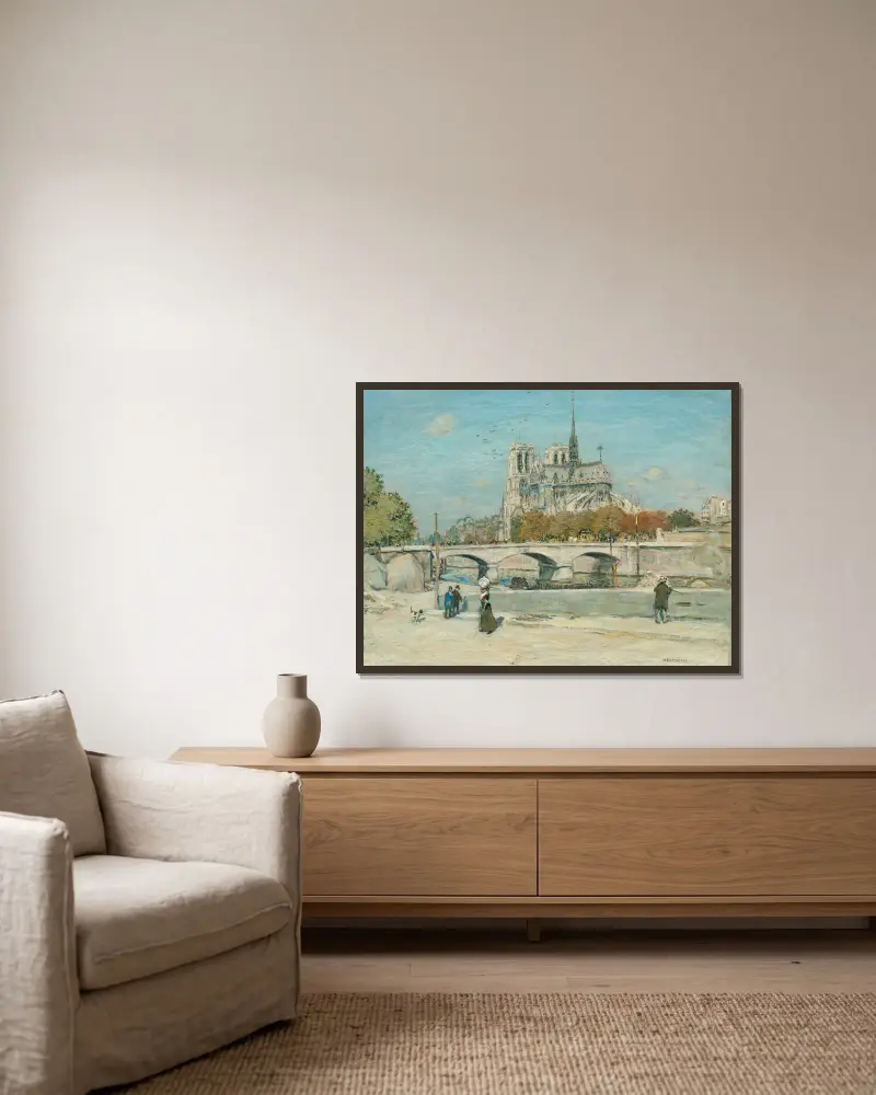 Notre Dame Seen from the Quai de la Tournelle av Jean François Raffaëlli inramad på en vägg