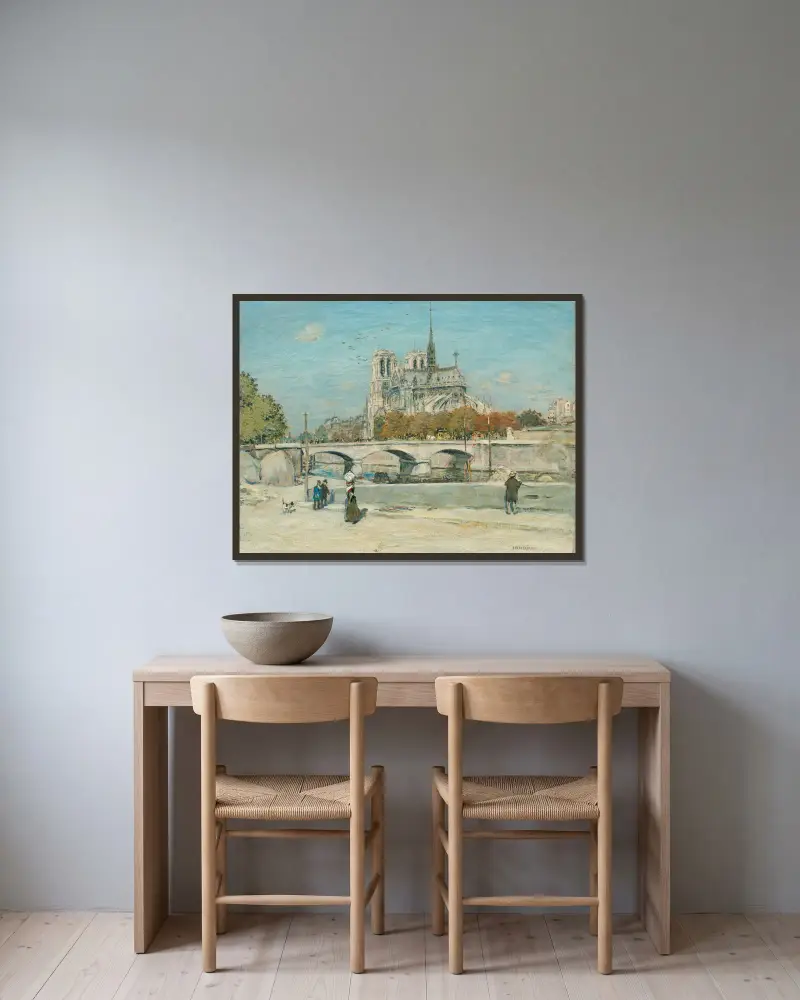 Notre Dame Seen from the Quai de la Tournelle av Jean François Raffaëlli inramad på en vägg