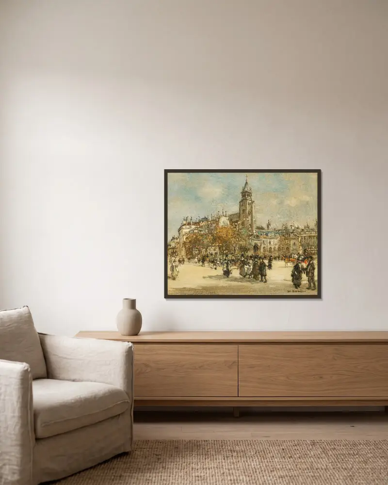Place de Saint-Germain des Prés, Paris av Jean François Raffaëlli inramad på en vägg