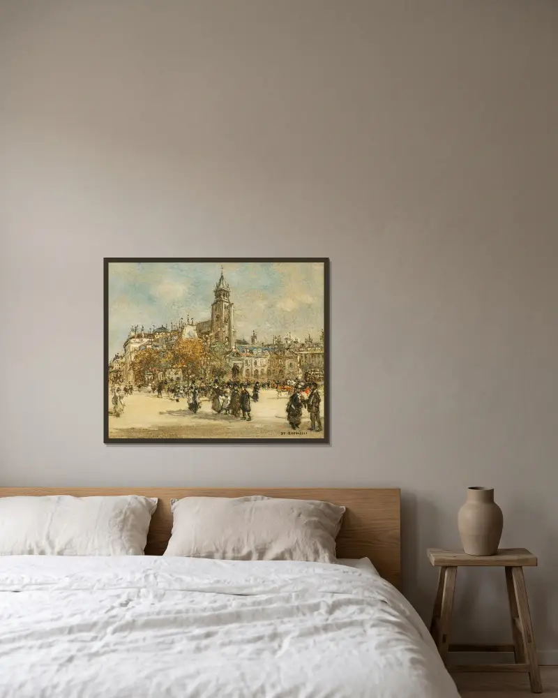 Place de Saint-Germain des Prés, Paris av Jean François Raffaëlli inramad på en vägg