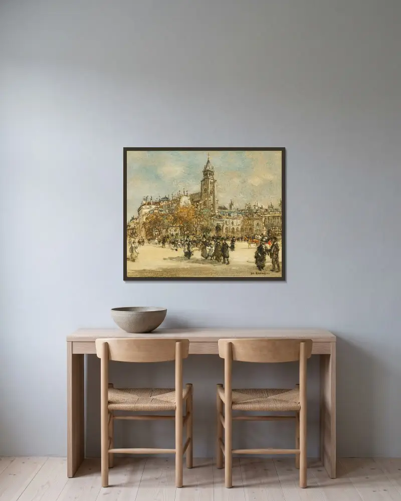 Place de Saint-Germain des Prés, Paris av Jean François Raffaëlli inramad på en vägg