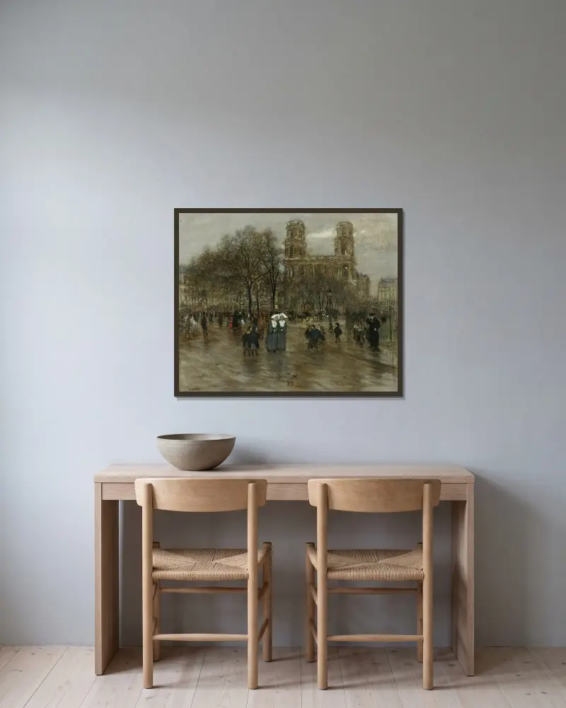 Place St. Sulpice, Paris av Jean François Raffaëlli inramad på en vägg