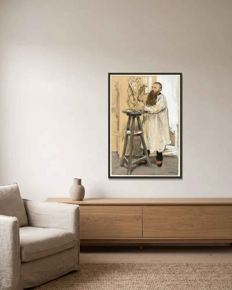 Porträtt av skulptören Auguste Rodin i hans ateljé av Jean François Raffaëlli inramad på en vägg