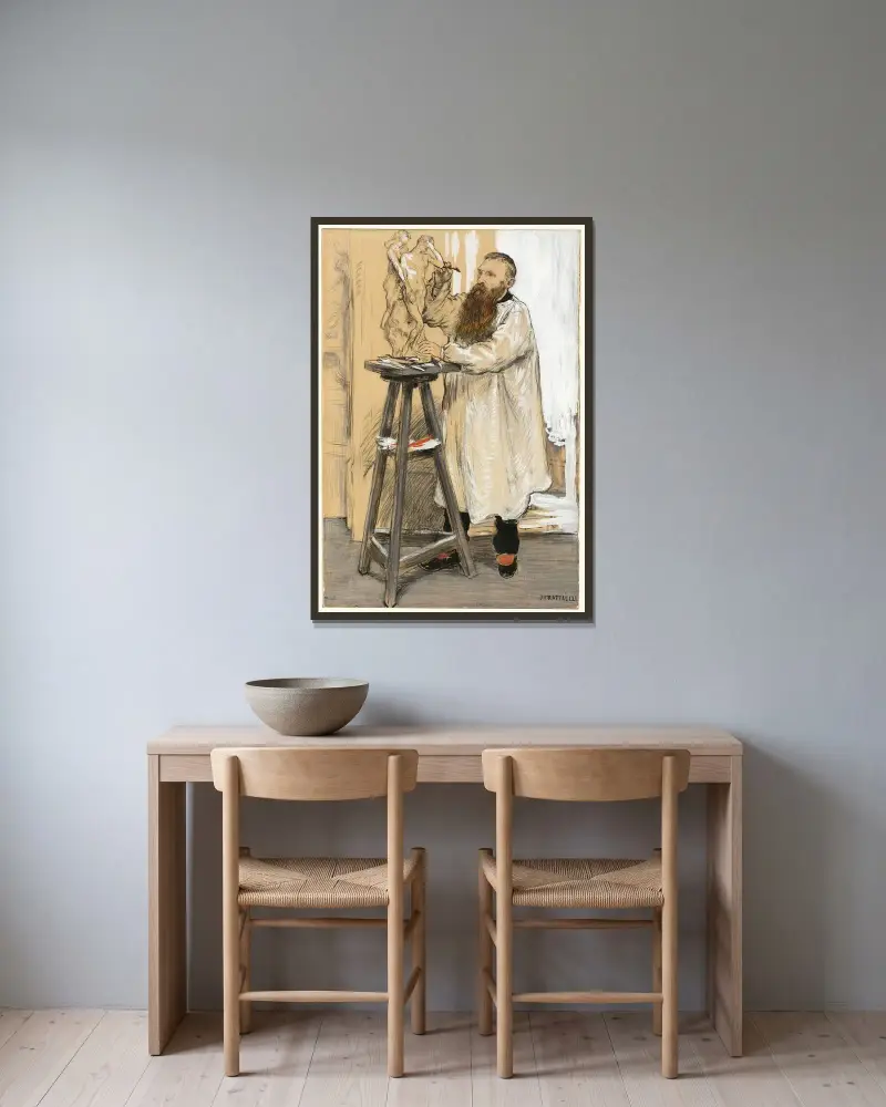 Porträtt av skulptören Auguste Rodin i hans ateljé av Jean François Raffaëlli inramad på en vägg