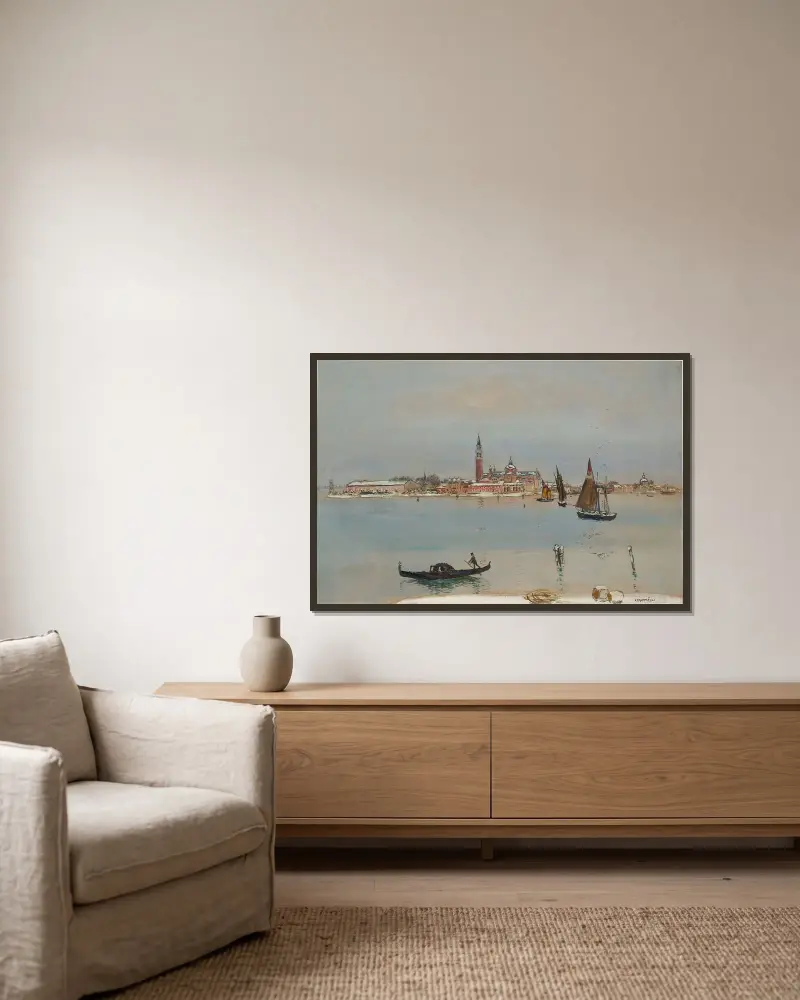 San Giorgio Under Snow, Venice av Jean François Raffaëlli inramad på en vägg
