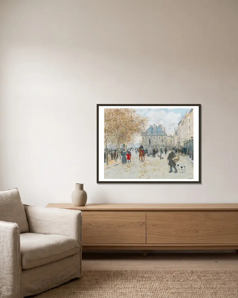 The Quai Malaquais, Paris av Jean François Raffaëlli inramad på en vägg