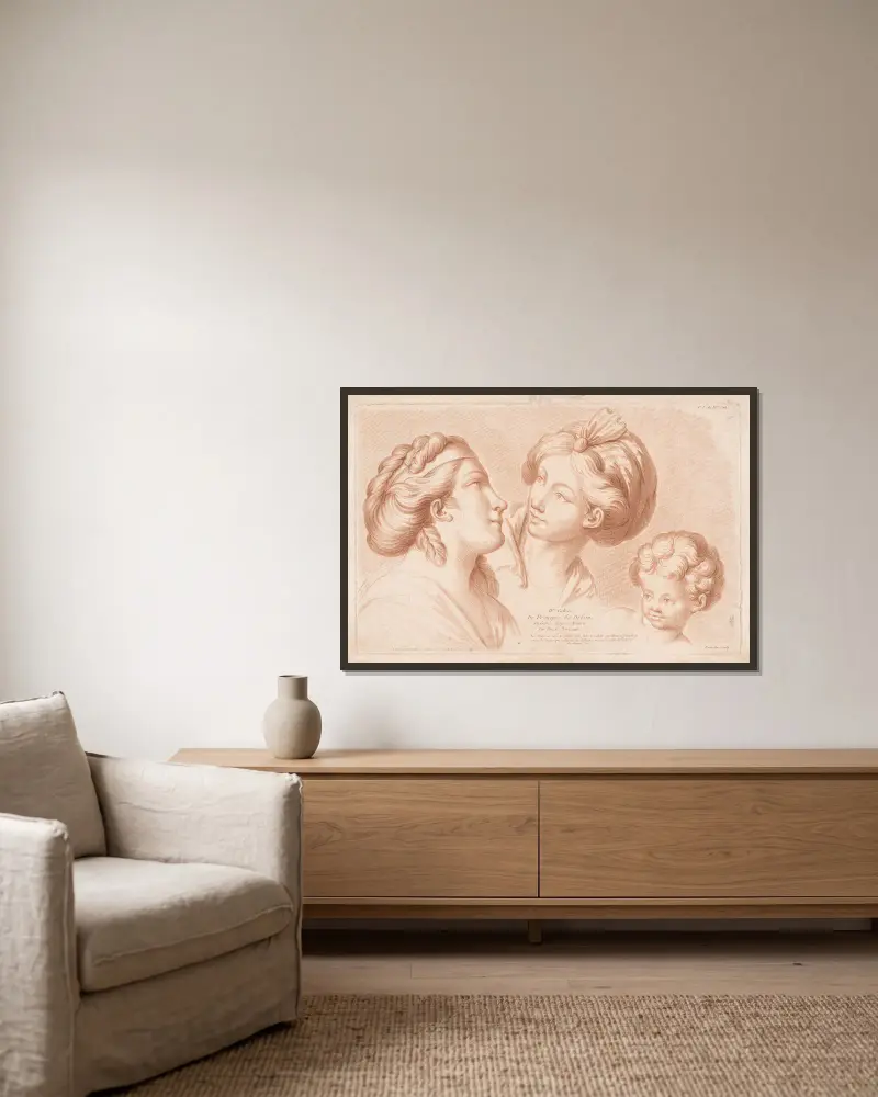 Zwei Frauenköpfe und ein Kinderkopf von Louis-François Roubiliac gerahmt an einer Wand