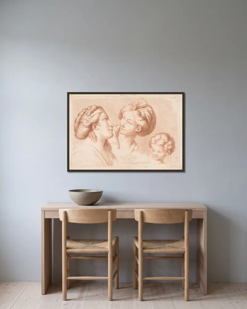 Zwei Frauenköpfe und ein Kinderkopf von Louis-François Roubiliac gerahmt an einer Wand