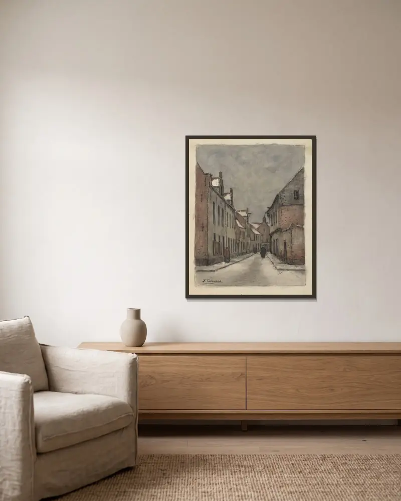 Béguinage i Leuven (i snö) av Jean-François Taelemans inramad på en vägg