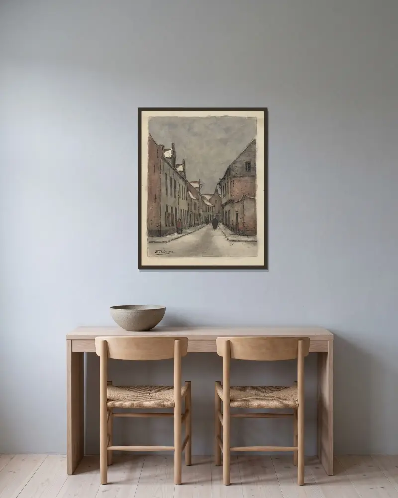 Béguinage i Leuven (i snö) av Jean-François Taelemans inramad på en vägg