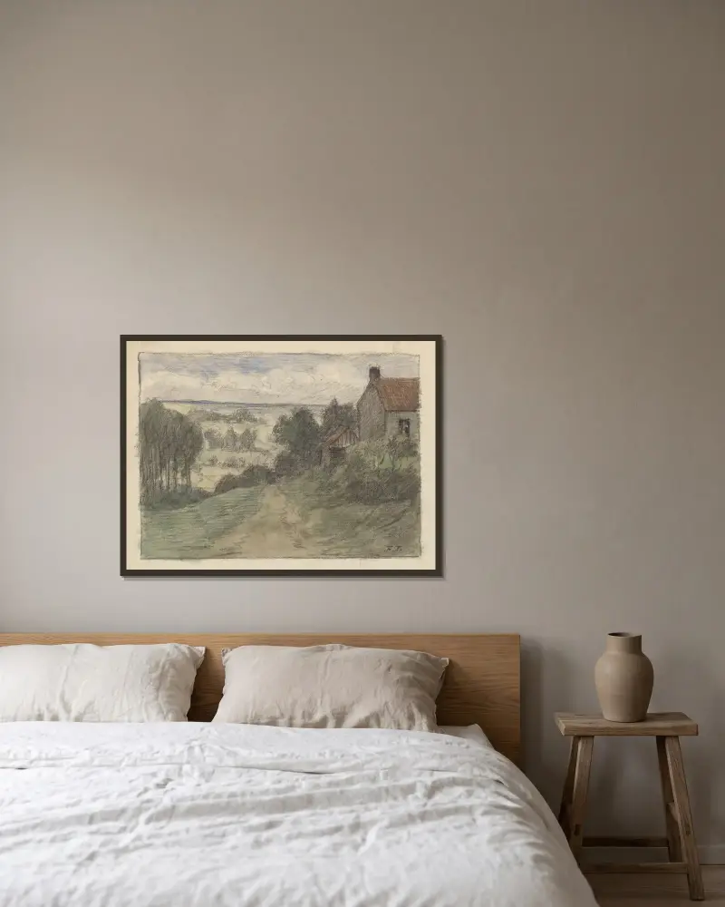 Väg och hus, trädbuketter, i ett böljande landskap av Jean-François Taelemans inramad på en vägg