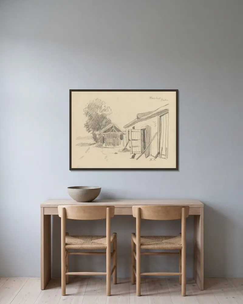 Skiss av två ladugårdsportar i Rosselaer av Jean-François Taelemans inramad på en vägg
