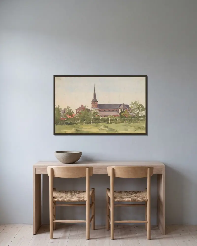 Kyrka på landsbygden sedd från sin högra sida bakom en inhägnad häck, äng i förgrunden av Jean-François Taelemans inramad på en vägg