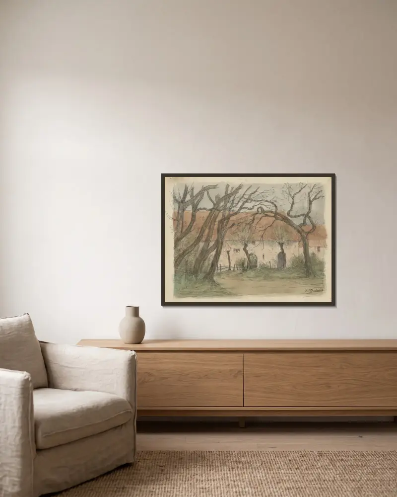 Grande maison campagnarde derrière un bouquet d’arbres av Jean-François Taelemans inramad på en vägg