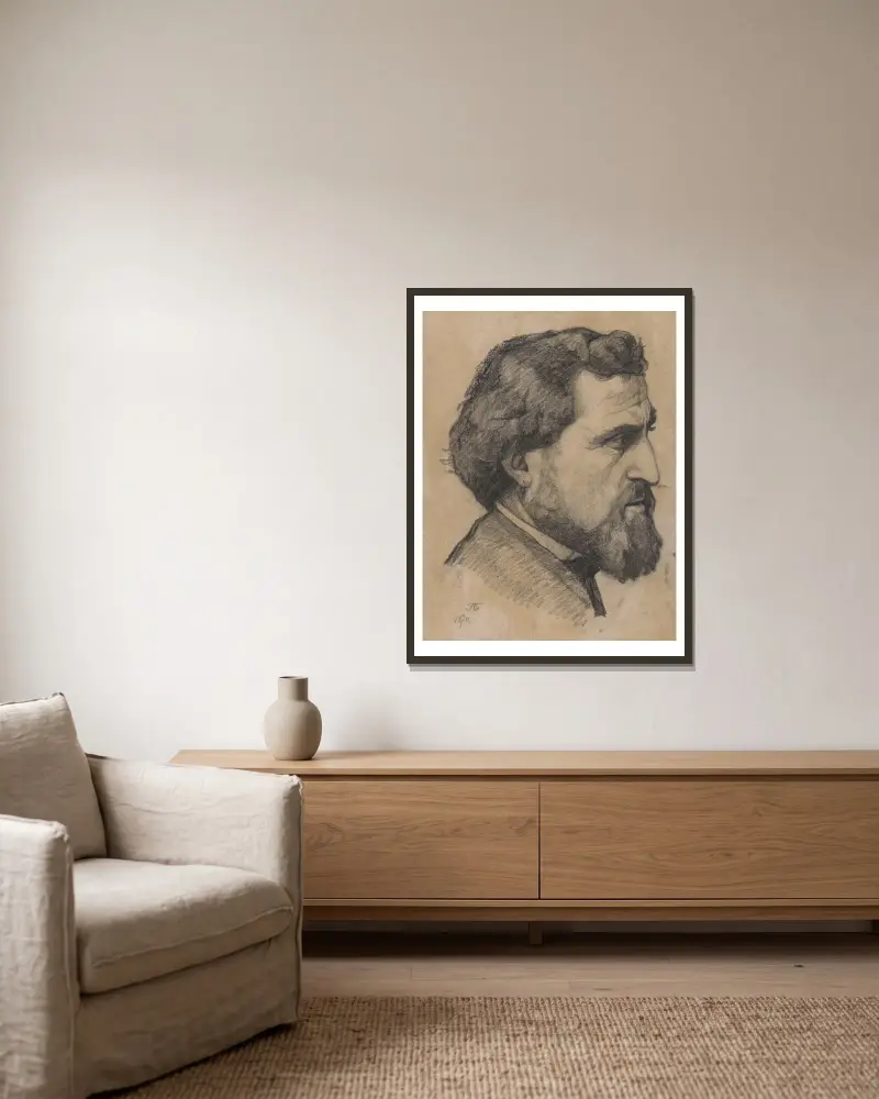 Portrait d’homme barbu, de profil côté droit, un anneau à l’oreille av Jean-François Taelemans inramad på en vägg