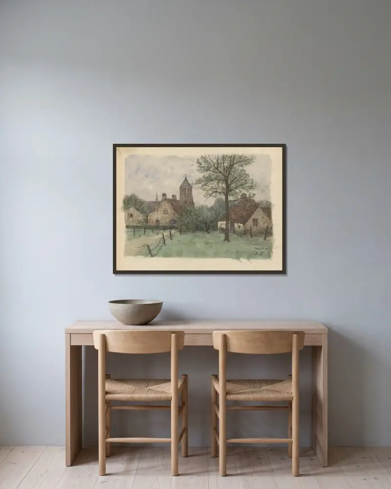 Byn och Sint Margaretha-kyrkan i Knocke (Knokke) av Jean-François Taelemans inramad på en vägg