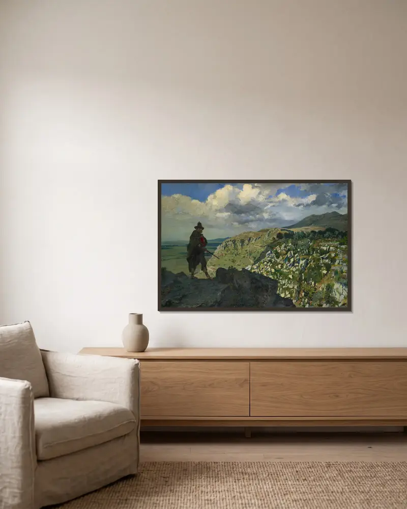 Brigand Standing Guard in the Mountains av Frank Buchser inramad på en vägg