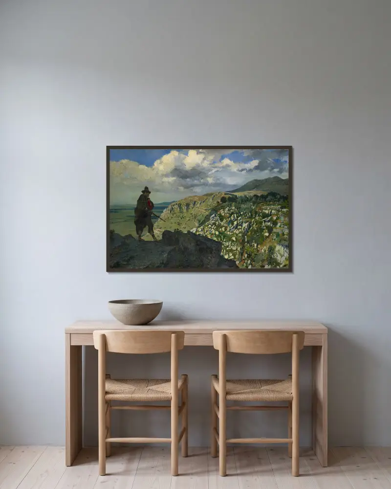 Brigand Standing Guard in the Mountains av Frank Buchser inramad på en vägg