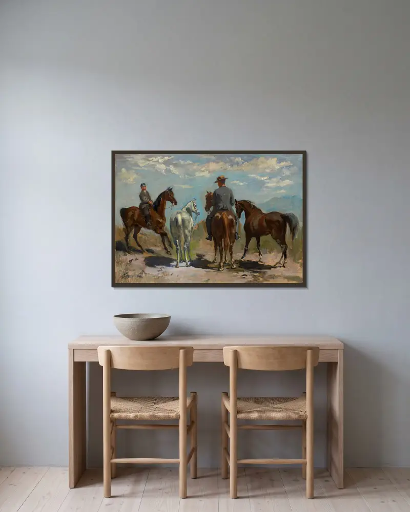 Pferde und Reiter von Frank Buchser gerahmt an einer Wand