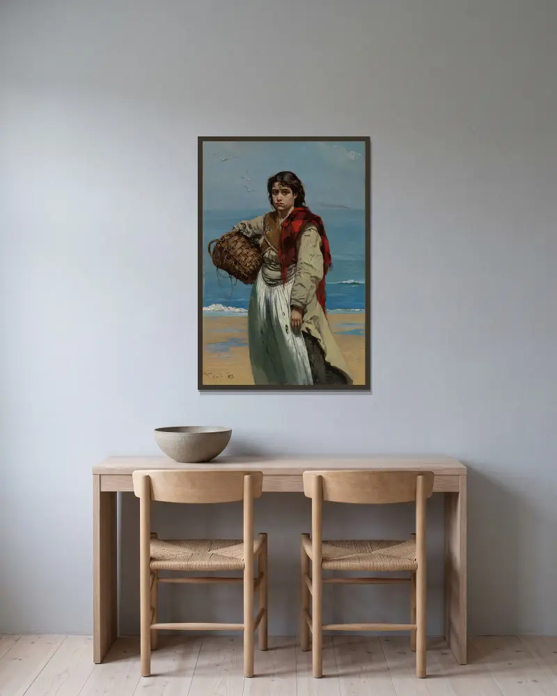 Junges Mädchen mit Korb am Meeresstrand (Die Trauer Irlands) av Frank Buchser inramad på en vägg