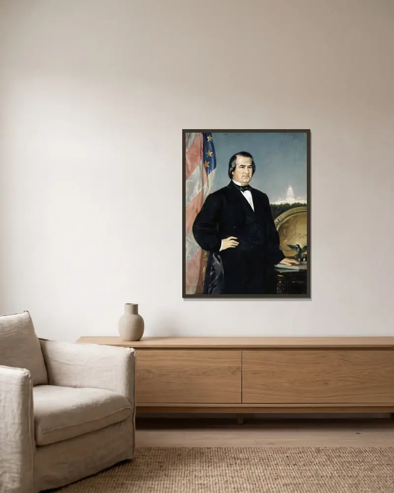 Portrait of the American President Andrew Johnson av Frank Buchser inramad på en vägg