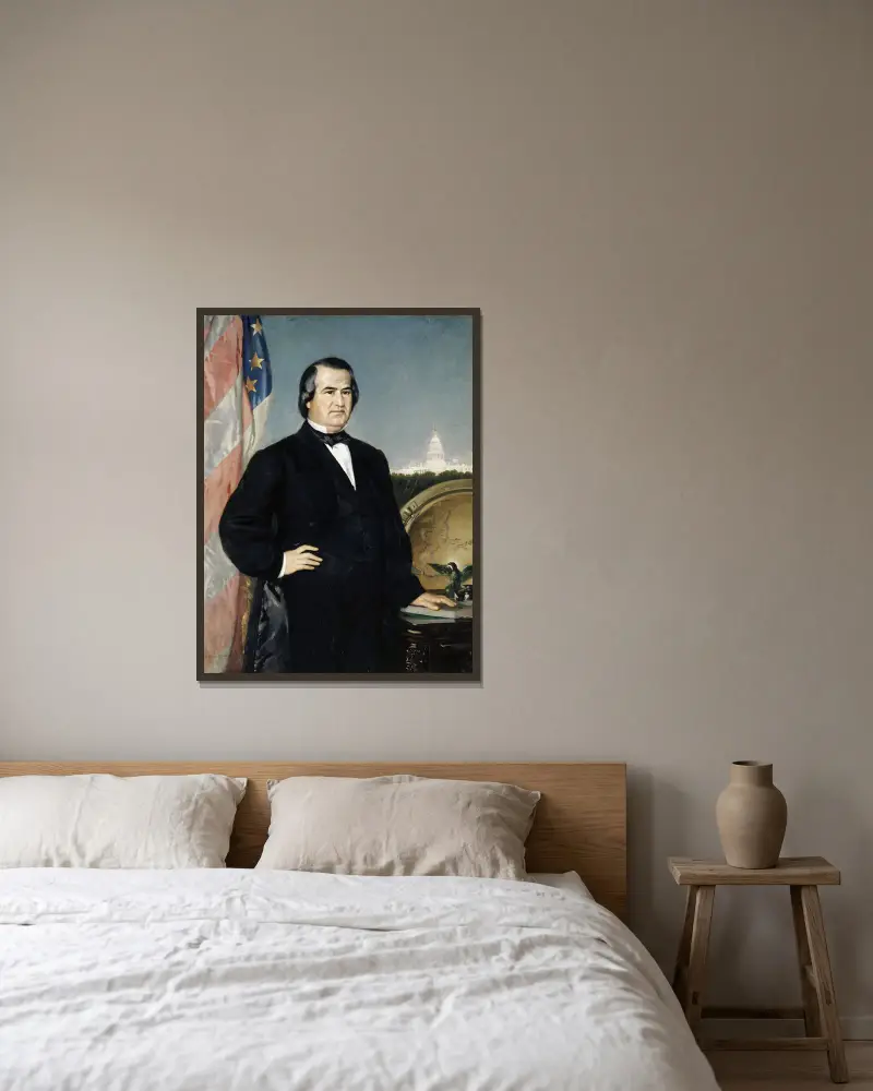 Portrait of the American President Andrew Johnson av Frank Buchser inramad på en vägg