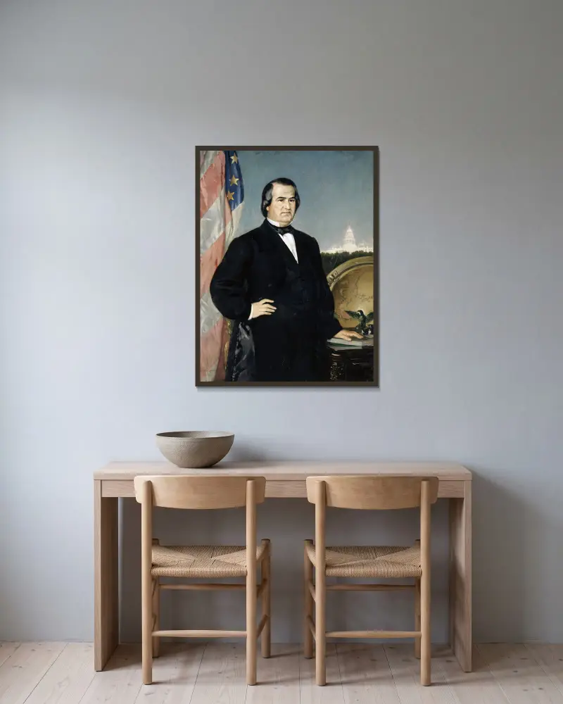 Portrait of the American President Andrew Johnson av Frank Buchser inramad på en vägg