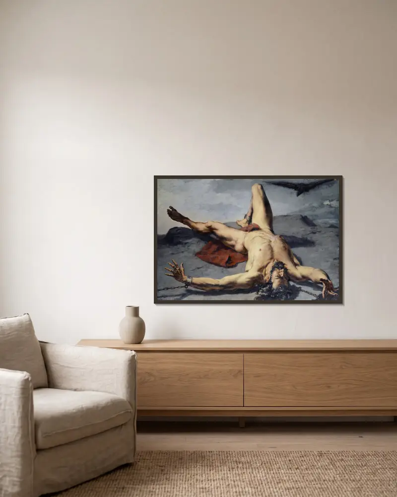 Prometheus auf den Felsen geschmiedet von Frank Buchser gerahmt an einer Wand