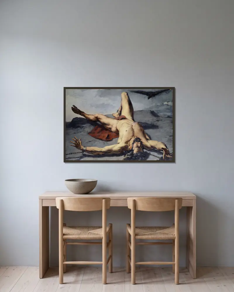 Prometheus auf den Felsen geschmiedet von Frank Buchser gerahmt an einer Wand