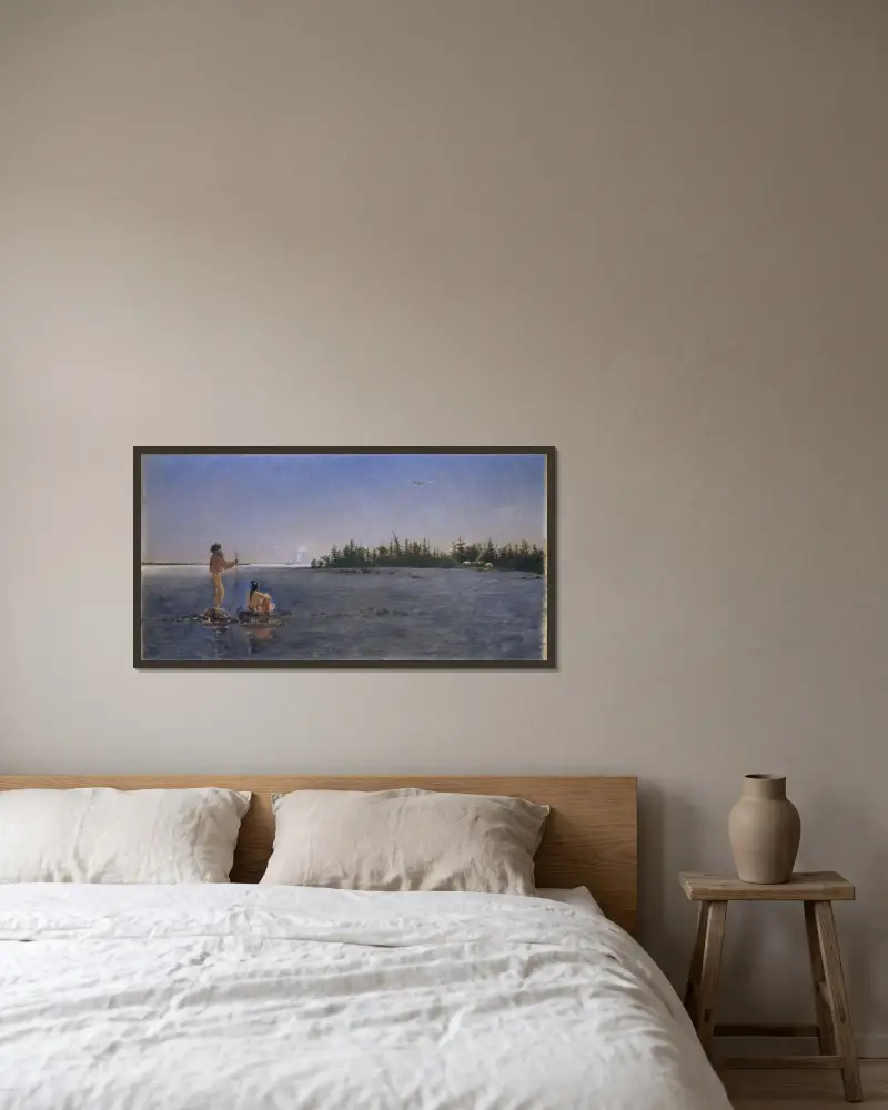 River Landscape, American Indians Fishing av Frank Buchser inramad på en vägg