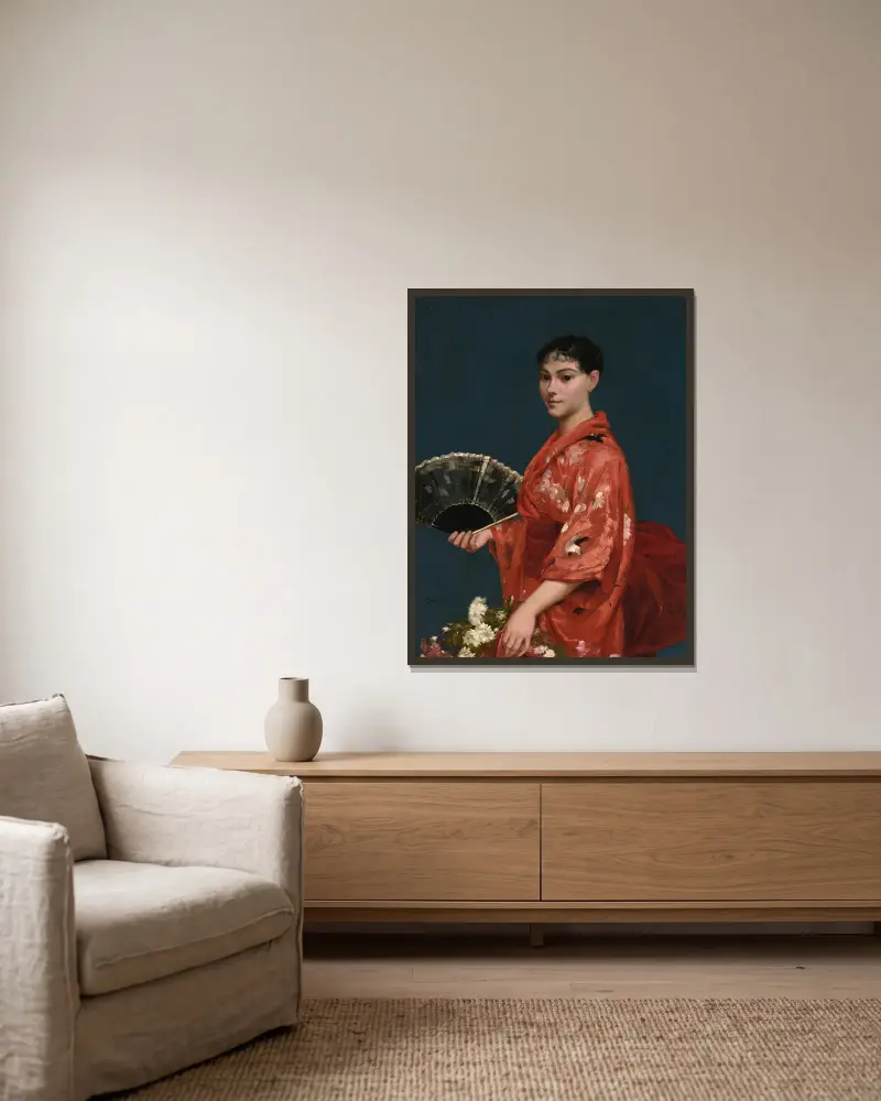 Young Woman in a Red Kimono av Frank Buchser inramad på en vägg